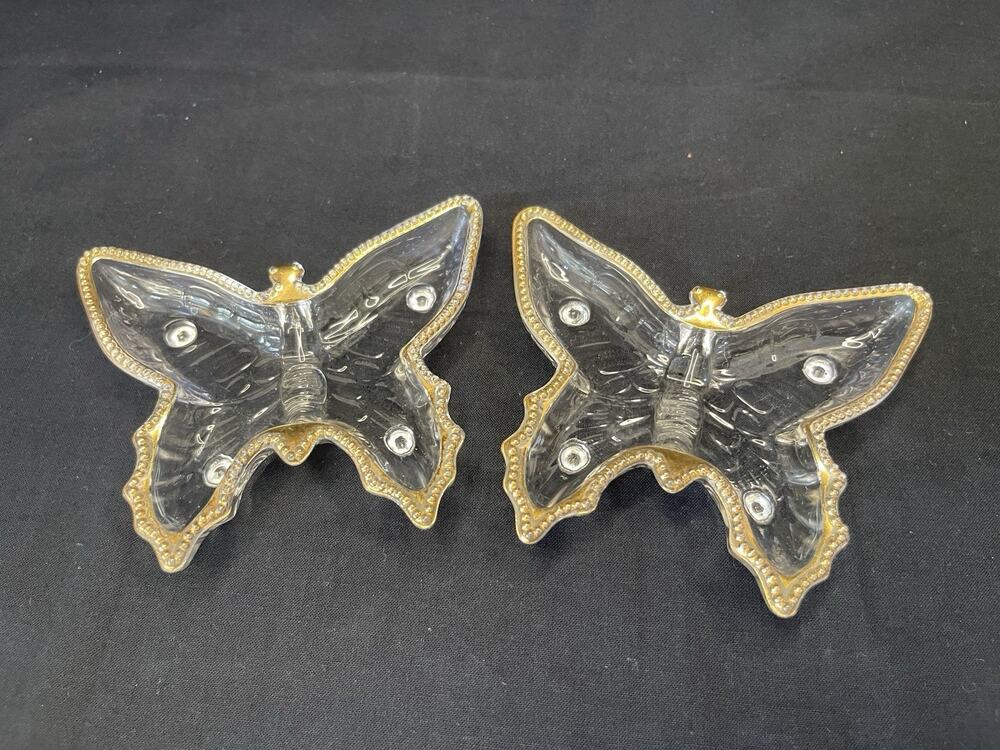 Vintage Jeannette Glass Butterfly Trinket Dish Lot 22K Gold Trim Mid-Century